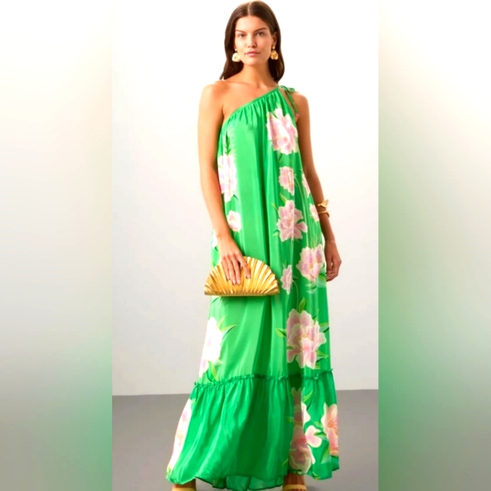 FARM Rio One-Shoulder Green Maxi Dress with Pink Floral Print